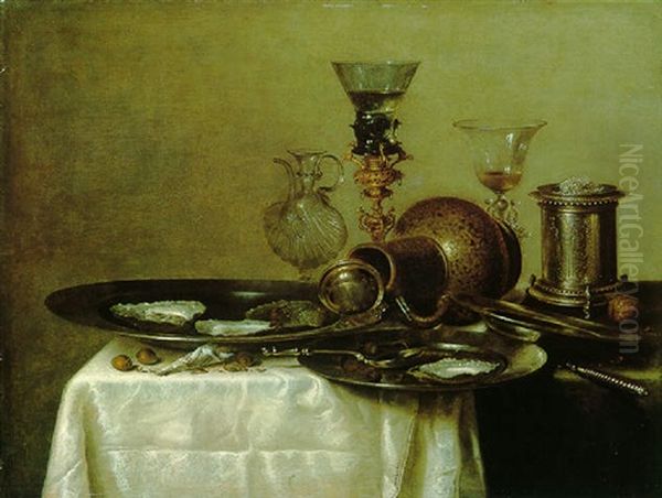 A Still Life Of A Stoneware Jug, Silver Spoon And Oysters In Pewter Plates, And Other Objects On A Table Draped With Green And White Cloths Oil Painting by Willem Claesz Heda