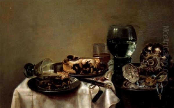 Still Life With Two Pies, Spoon, Fob Watch And Other Objects On A Draped Table Oil Painting by Willem Claesz Heda