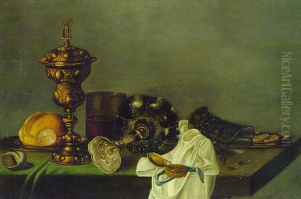 A Silver-gilt Cup And Cover, A Shell, Bread On A Plate, A Glass, An Upturned Tazza, A Watch, Slices Of Lemon On A Plate Oil Painting by Willem Claesz Heda