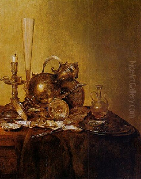 Still Life With A Silver Ewer, A Flute Glass And Other Objects Upon A Table Partly Draped With A Dark Green Cloth Oil Painting by Willem Claesz Heda