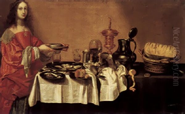 A Still Life Of Roemer, A Gilt Cup And Cover, A Pewter Flagon, Oysters, And Other Food With A Young Lady Holding A Pewter Dish Oil Painting by Willem Claesz Heda