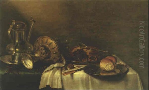 Pewter Dishes, Pie, Bread And Walnuts On A Draped Table Oil Painting by Willem Claesz Heda