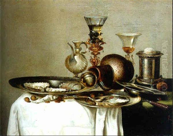 Oysters And Chestnuts On Pewter Plates, An Overturned Jug, A Condiment Bottle, A Roemer And A Facon-de-venise With A Salt On A Table Draped With A White Cloth by Willem Claesz Heda