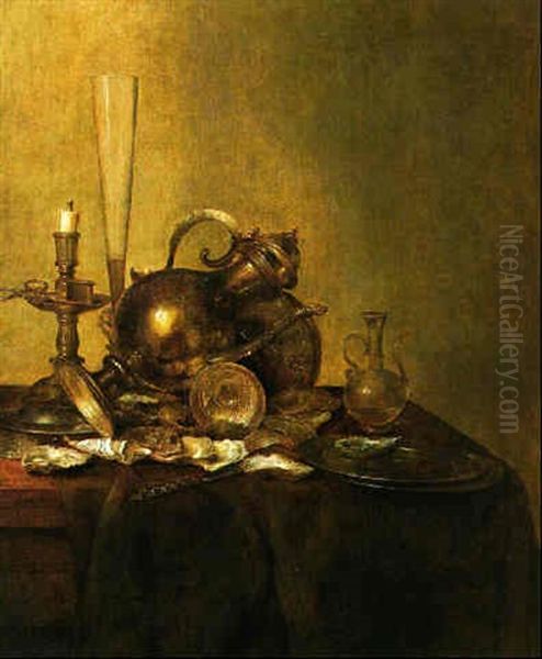 Still Life With A Silver Ewer, A Flute Glass,a Candlestick, Pewter Plates And Oysters Upon A Partly Draped Table Oil Painting by Willem Claesz Heda