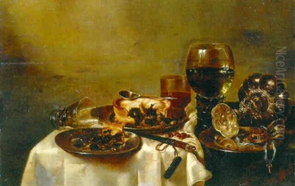 A Fruit Pie And Spoon, Overturned Tazza On Plates, On A Partly Draped Table Oil Painting by Willem Claesz Heda