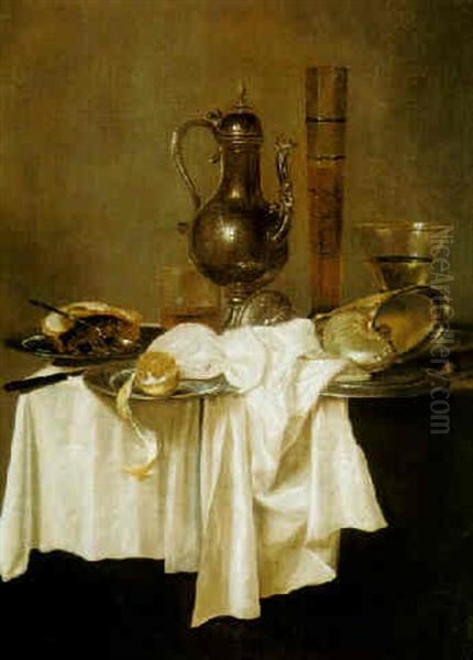 Still Life Of A Pewter Jug, A Wine Glass, A Nautilus Cup, A Peeled Lemon, And A Mince Pie, All On A Table Draped With A White Cloth Oil Painting by Willem Claesz Heda