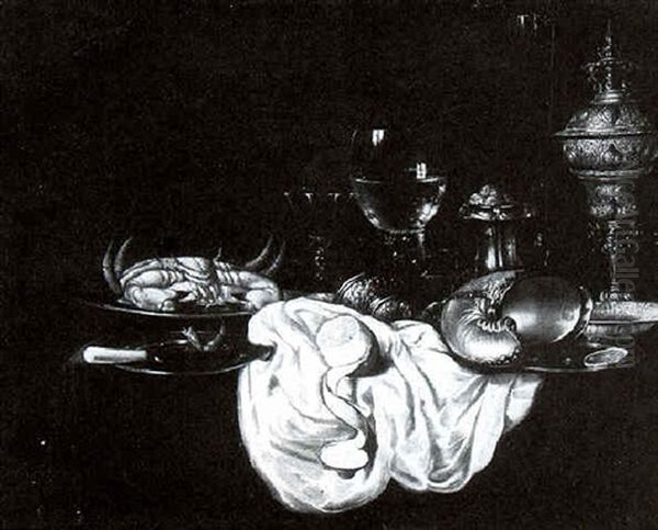 Still Life With A Nautilus Shell, A Gold Cup, A Roemer, A Crab On A Pewter Plate, And Other Objects, All On A Draped Table Oil Painting by Willem Claesz Heda