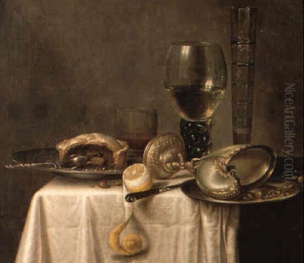 Bordsstilleben Med Nautiluspokal, Remmare, Bakverg, Notter Och Citron Oil Painting by Willem Claesz Heda