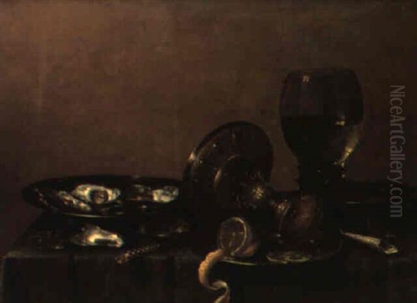 A Roemer, Tazza, Plate Of Oysters And Cut Lemon On A Draped Table Oil Painting by Willem Claesz Heda