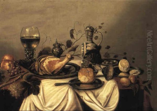 Still Life Of Ham And Roll With Overturned Tazza On Table Oil Painting by Willem Claesz Heda