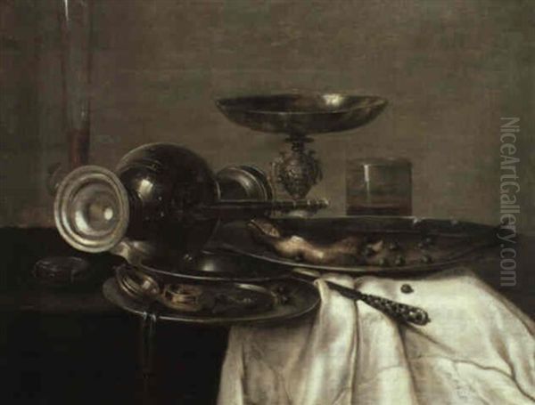 A Still Life Of Pewter Vessels Including A Platter With A   Trout Dressed With Capers, A Flute Of Wine And A Pocket Oil Painting by Willem Claesz Heda