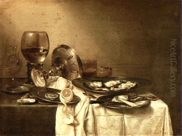 Still Life With A Plate Of Oysters, An Overturned Silver    Tazza Oil Painting by Willem Claesz Heda