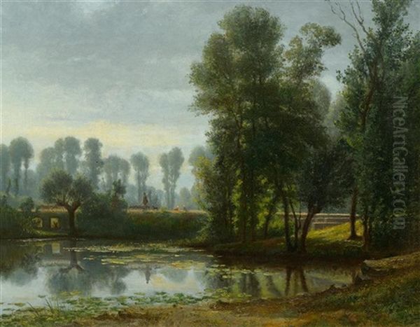 Figures By The Water - Les Bords De La Sarthe Dans Alencon Avec Un Berger Et Un Troupeau De Moutons Oil Painting by Louis Jean Hedin