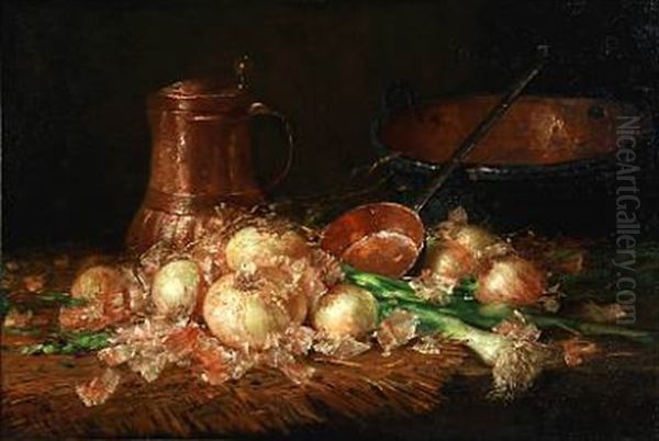 Still Life With Onions And Leeks On A Table Oil Painting by Eilse Hedinger