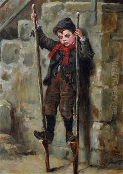 John Irwin Practicing Stilt Walking By Newcastle Keep Oil Painting by Ralph Hedley