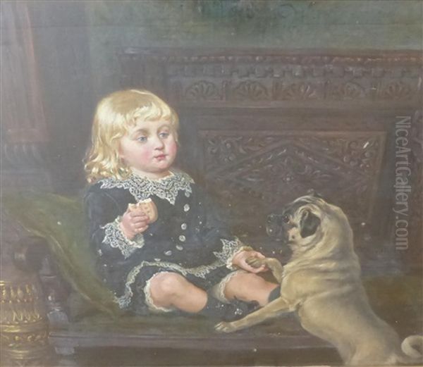 Portrait Of Aa Wilson (of Durham) As A Boy Seated On A Settle With A Pug Oil Painting by Ralph Hedley