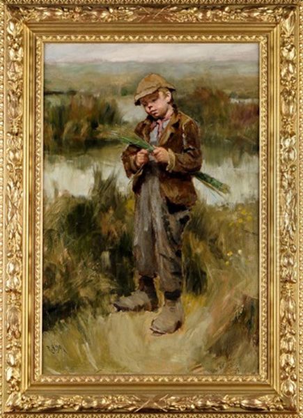 A Boy Plaiting Reeds Oil Painting by Ralph Hedley