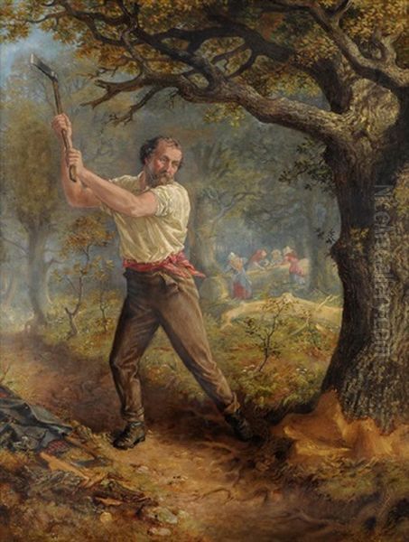 A Woodcutter Felling A Tree Oil Painting by Ralph Hedley