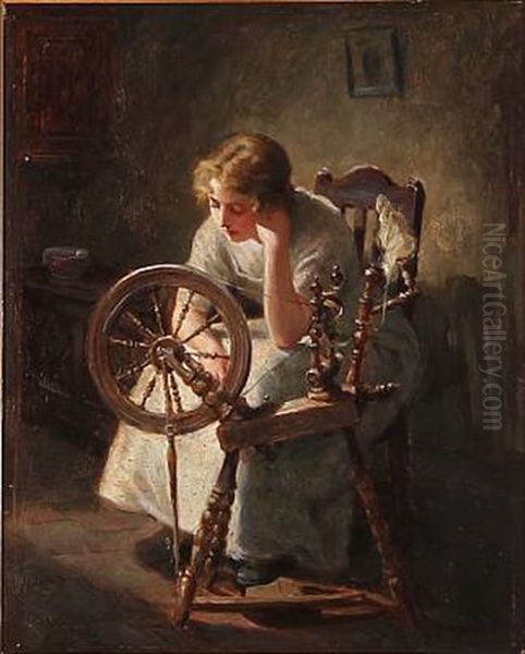 A Woman By A Spinning Wheel Oil Painting by Ralph Hedley