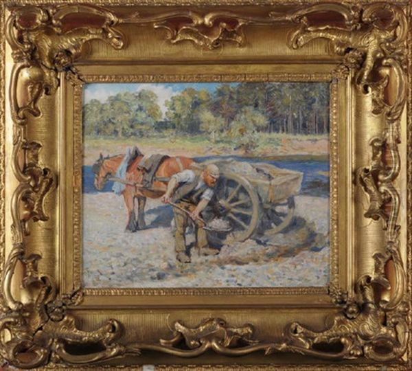 A Horsecart At A Riverbank With A Workman Collecting Gravel Oil Painting by Ralph Hedley