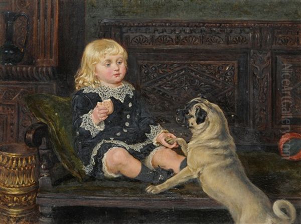 Portrait Of A.a Wilson As A Boy, Dressed In Victorian Costume, Seated On An Oak Bench, A Pug By His Side Oil Painting by Ralph Hedley