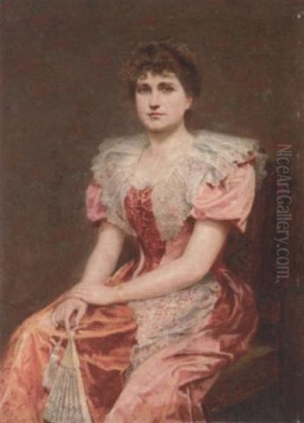 A Seated Lady (mrs. H.w. Newton?) In A Pink Dress In An Interior Oil Painting by Ralph Hedley