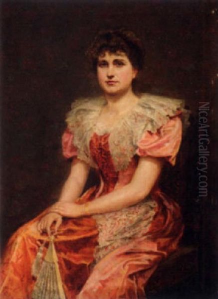 A Seated Lady In A Pink Dress In An Interior (mrs. H. W. Newton) Oil Painting by Ralph Hedley