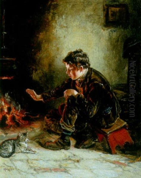 A Cold Day Oil Painting by Ralph Hedley