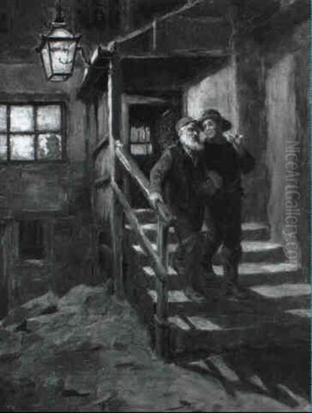 Two Customers Leaving The Stone Cellars Oil Painting by Ralph Hedley