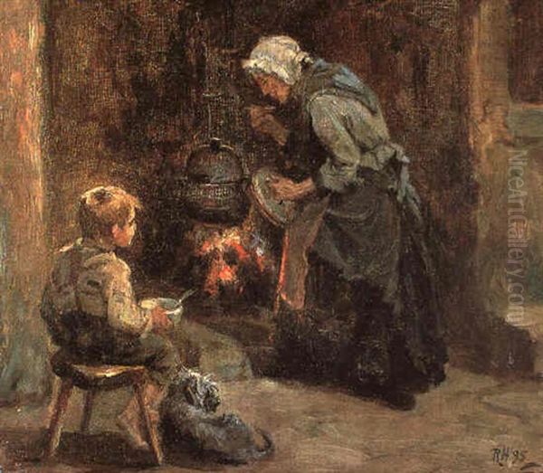 A Mother Cooking A Meal At An Open Fire Oil Painting by Ralph Hedley