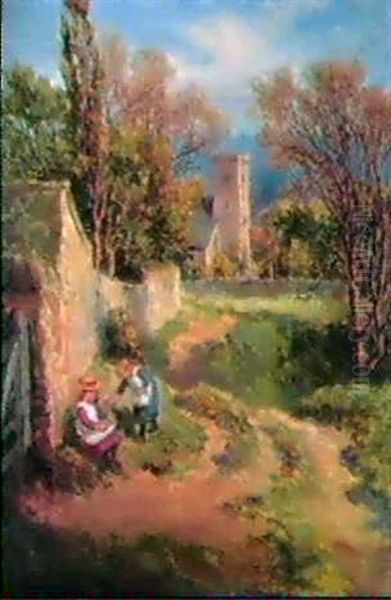 Girls Picking Flowers Near Ovingham Church Oil Painting by Ralph Hedley