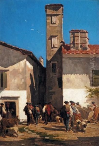 Village Du Pays Basque, 1869 Oil Painting by Pierre-Edmond-Alexandre Hedouin