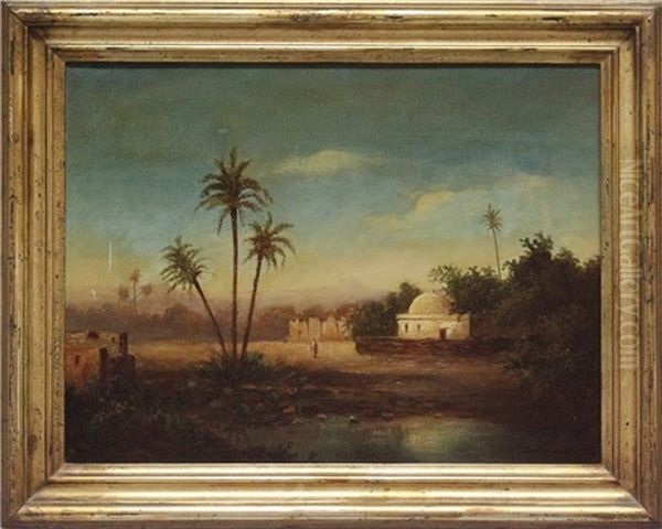 Orientalische Landschaft Mit Gebauden Und Person Unter Palmen An Einer Oase Oil Painting by Pierre-Edmond-Alexandre Hedouin