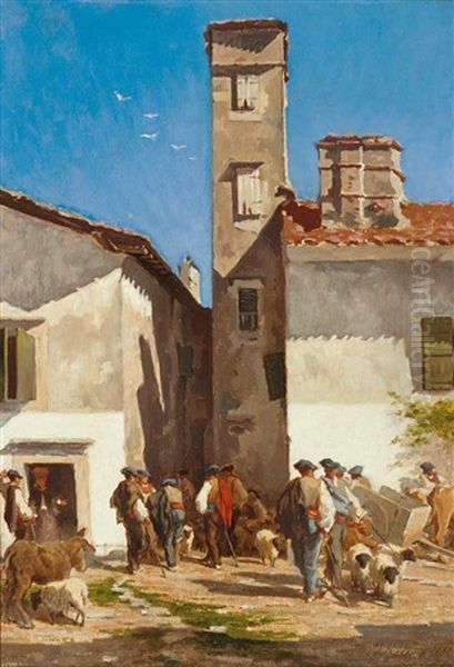 Viehmarkt In Einem Sudlichen Stadtchen by Pierre-Edmond-Alexandre Hedouin