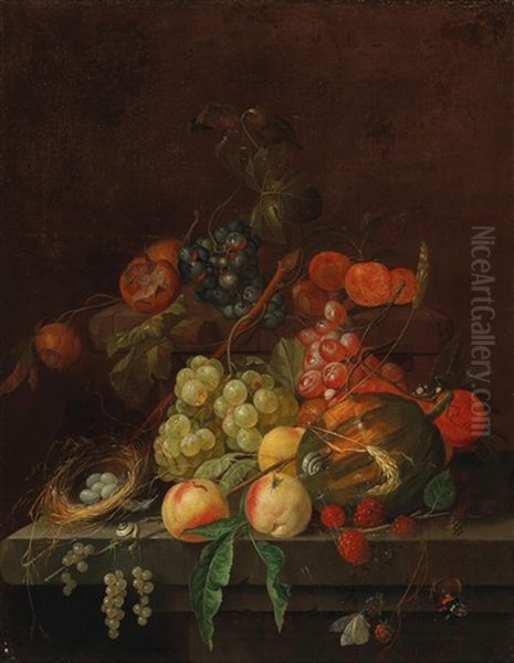 A Still Life Of Fruit With A Bird