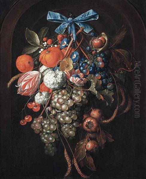 Hydrangeas, Morning Glories, A Parrot Tulip And Other Flowers With Grapes, Oranges, Cherries, Blackberries, Ears Of Corn, Loquats, And Chestnuts, With Two Snails, Hanging From A Blue Bow In A Feigned Arched Stone Niche Oil Painting by David Cornelisz Heem III