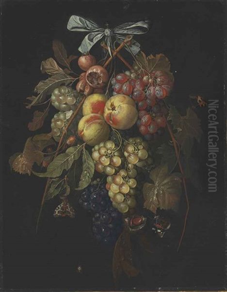 A Swag Of Grapes, Peaches, And Nuts Hanging From A Bow With Butterflies And A Spider Oil Painting by David Cornelisz Heem III