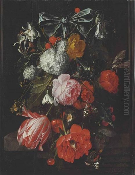 A Garland Of Roses, Poppies, A Tulip, Morning Glories, Honeysuckle, Columbine... Oil Painting by David Cornelisz Heem III