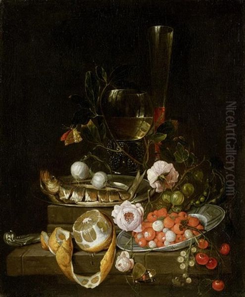 Stillleben Mit Einem Hering, Fruchten Und Rosen Oil Painting by David Cornelisz Heem III