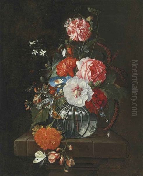 Flowers In A Glass Bowl On A Stone Ledge With Butterflies Oil Painting by David Cornelisz Heem III