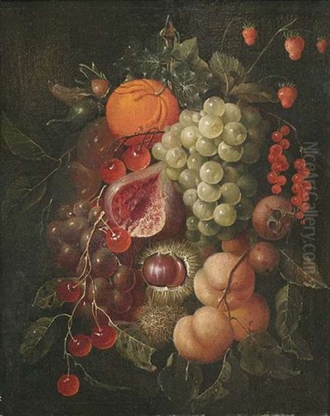 Fruchtestilleben Mit Trauben, Pfirsichen, Orange, Erbeeren, Kirschen Und Kastanien Oil Painting by David Cornelisz Heem III