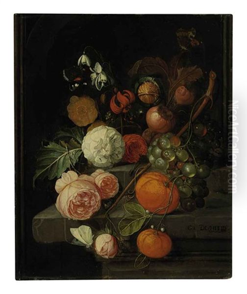 Roses, Lilies, Grapes, Oranges And Horse Chestnuts On A Stone Ledge With Butterflies, Ants And A Bee Oil Painting by David Cornelisz Heem III