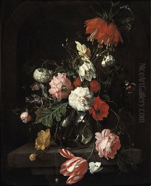 A Tulip, Pink Roses, A Crown Imperial Lily And Other Flowers In A Glass Vase, All On A Stone Ledge, Surrounded By Butterflies Oil Painting by David Cornelisz Heem III