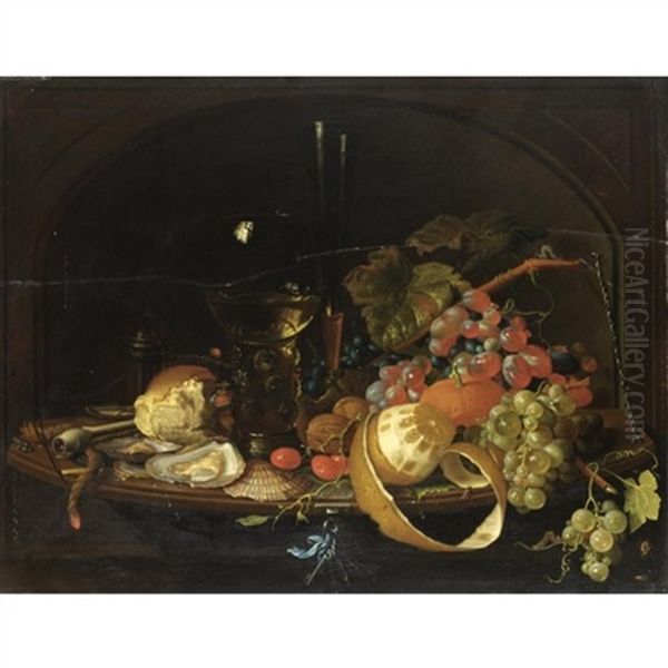 Natura Morta Con Uva, Ostriche, Pane E Bicchiere Oil Painting by David Cornelisz Heem III