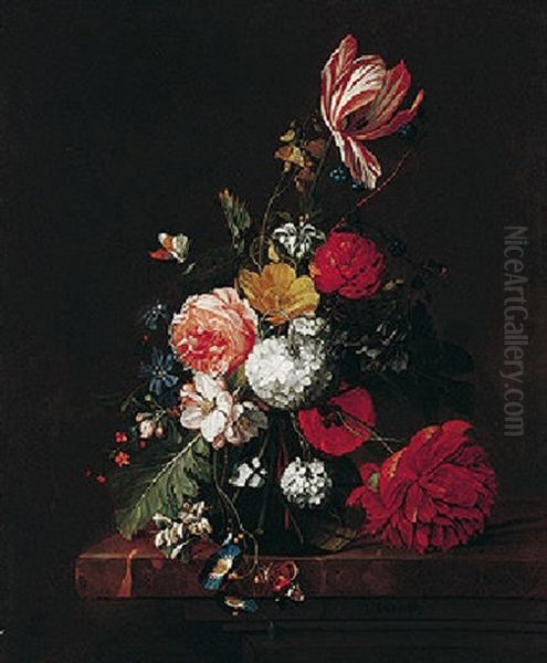 A Still Life Of Tulips, Roses, A Peony, And Honeysuckle In A Glass Vase With Butterflies, All On A Marble Ledge Oil Painting by David Cornelisz Heem III