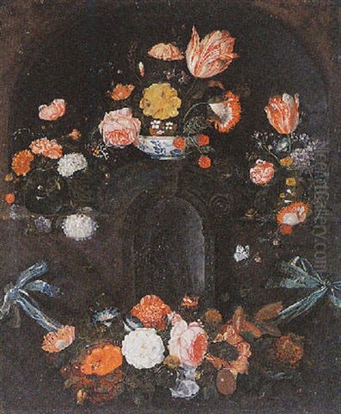 A Cartouche Surrounded By A Flower Garland With Tulips, Roses And Other Flowers Oil Painting by David Cornelisz Heem III