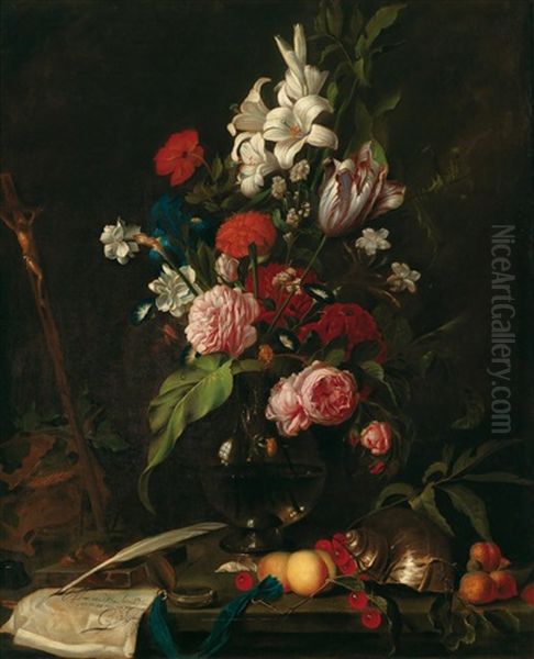 Blumenbouquet Mit Fruchten, Einem Brief Und Schreibutensilien Auf Einer Steinplatte Oil Painting by David Davidsz. de Heem the Younger