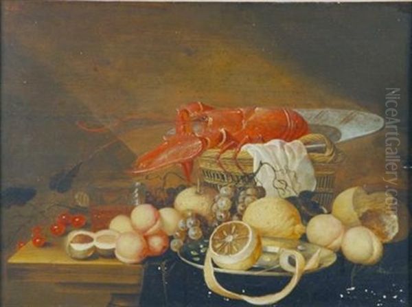 Still Life With Lobster, Lemons, Nuts, Grapes And A Basket Oil Painting by David Davidsz. de Heem the Younger