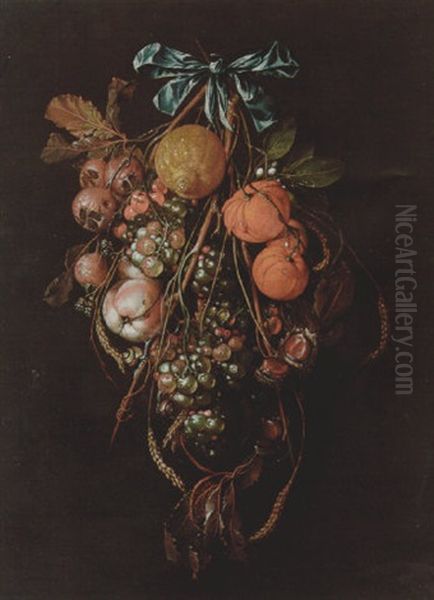 A Swag Of Medlars, Peaches, Grapes, Oranges, A Lemon, Horse Chestnuts, Snails And Ears Of Wheat Suspended From A Bow by David Davidsz. de Heem the Younger