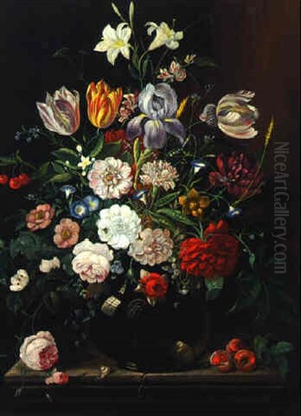 Mixed Flowers In A Glass Vase On A Ledge Oil Painting by David Davidsz. de Heem the Younger